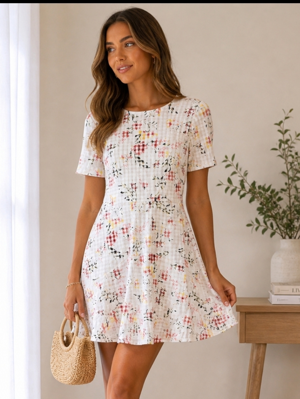 NWT Lauren Ralph Lauren Cashew Pink Floral Abstract Plaid Knee Length Dress Sz2P